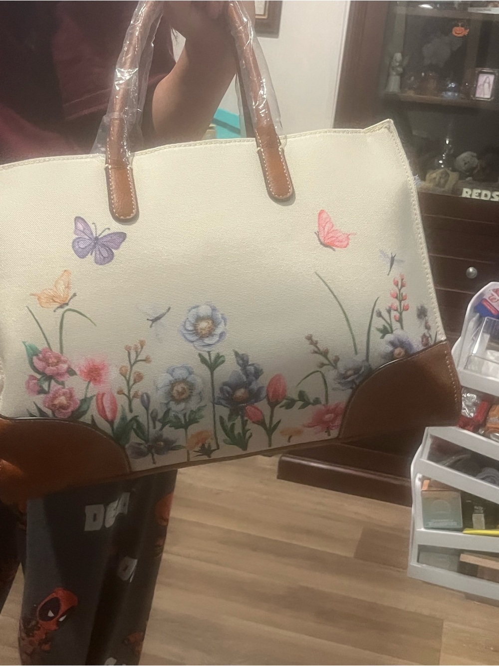 Cream Floral & Butterfly Tote with Brown Trim